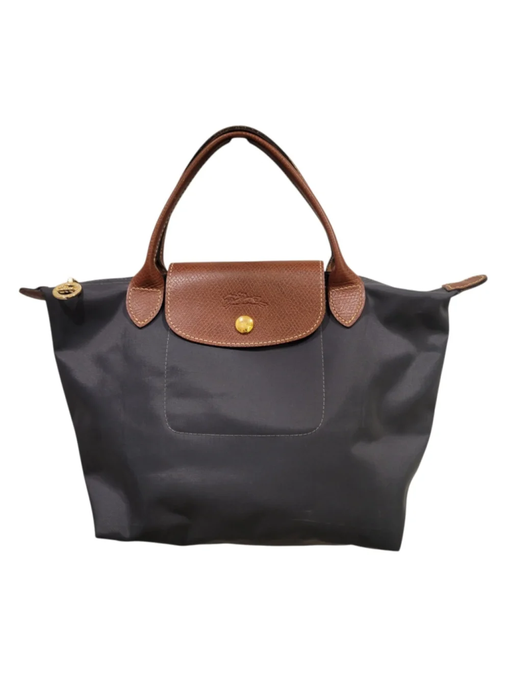 LONGCHAMP Women's Gray Pliage Medium Leather Trim Double Top Handle Satchel Bag